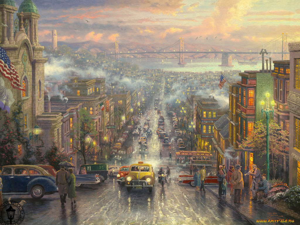 Обои Рисованное Thomas Kinkade, обои для рабочего стола, фотографии  рисованные, thomas, kinkade, город, люди, дома, дорога, авто Обои для  рабочего стола, скачать обои картинки заставки на рабочий стол.